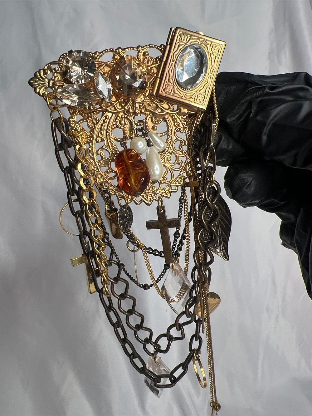 Gold-Tone Multi-Chain Statement Brooch with Amber and Pearl Accents